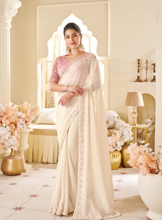 Purple Two Tone Georgette Silk Zari & Thread Embroidered Festive Wear Saree