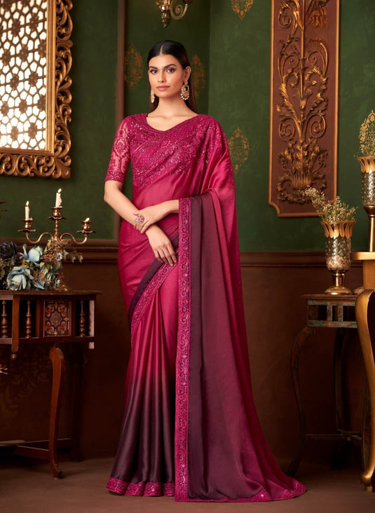 Dusty Pink Silk Chiffon Zari & Sequins Embroidered Work Saree