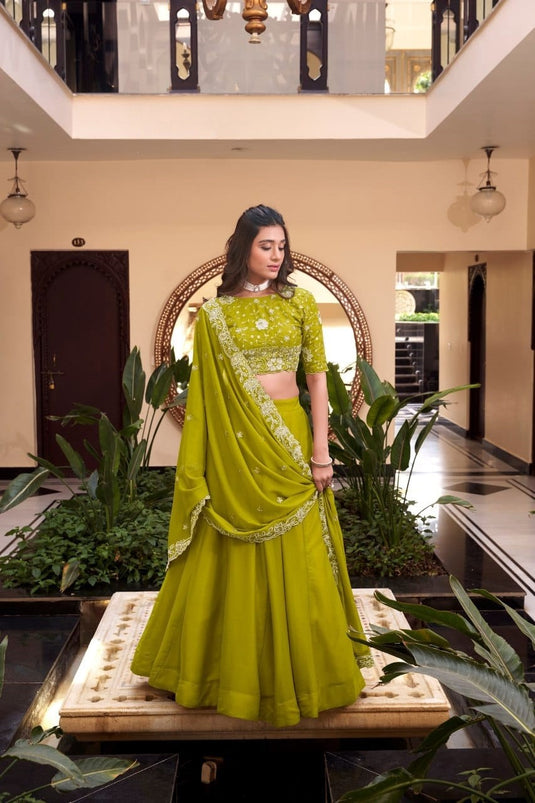 Green Vichitra Silk Sequins & Pearl Embroidered Semi Stitched Bridal Lehenga Choli