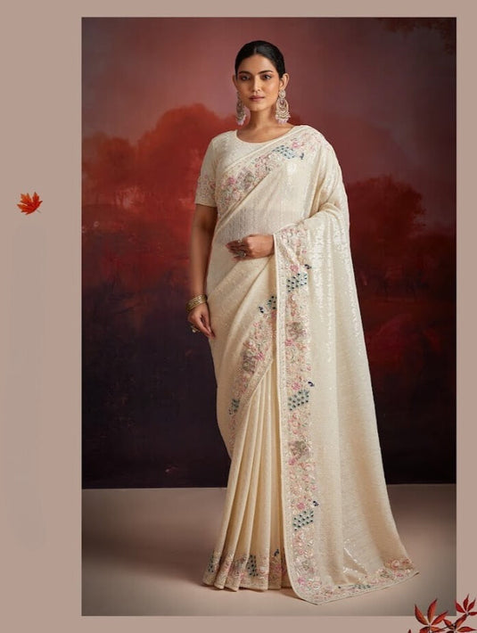 Beige Georgette Thread & Sequins Embroidered Festive Wear Saree with Blouse