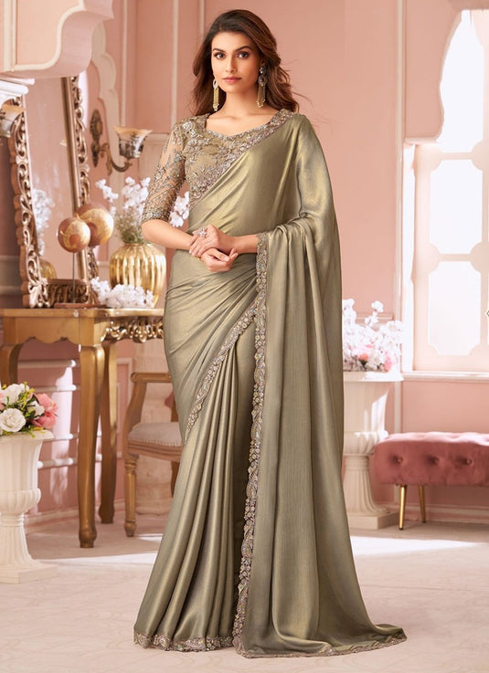 Elegant Purple Satin Shimmer Chiffon Georgette Embroidered Festive Saree For Women