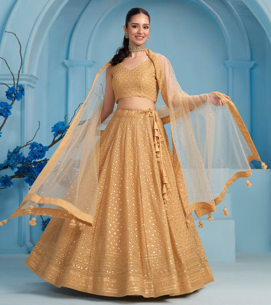 Beige Georgette Sequins & Thread Embroidered Semi Stitched Bridal Lehenga Choli
