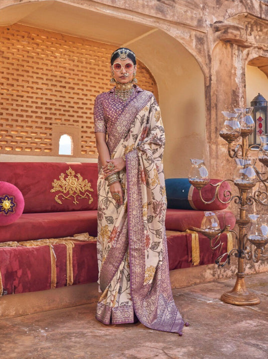 Beige Poly Viscose Silk Floral Print Festive Wear Woven Saree