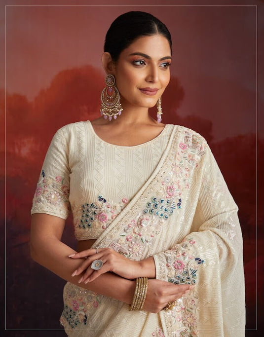 Beige Georgette Thread & Sequins Embroidered Festive Wear Saree with Blouse
