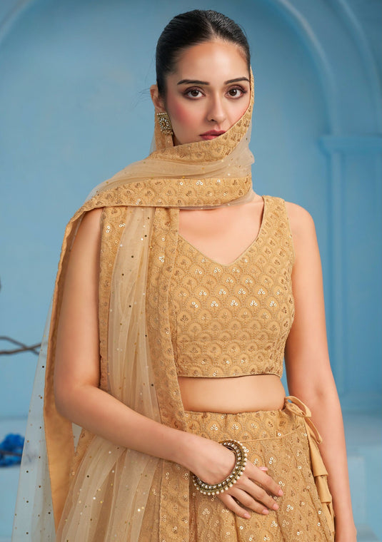 Beige Georgette Sequins & Thread Embroidered Semi Stitched Bridal Lehenga Choli