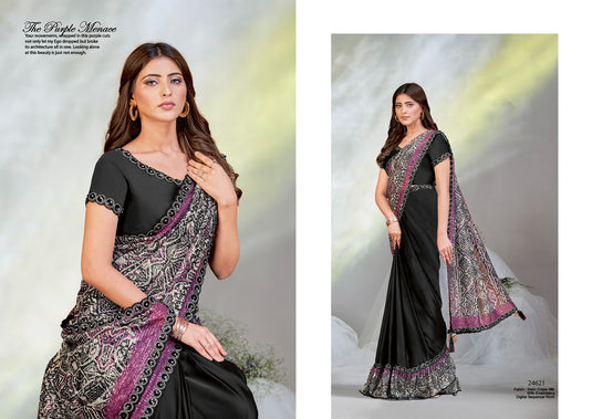 Elegant Black Sequins Embroidered Two Tone Crepe Satin Silk Hand & Mirror Work Festive Saree with Readymade Heavy Blouse