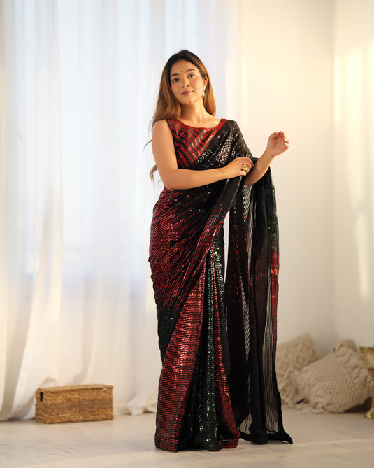 Fancy Black Pink Sequins Embroidered Georgette Festive Wear Saree For Women