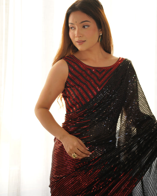 Fancy Black Pink Sequins Embroidered Georgette Festive Wear Saree For Women