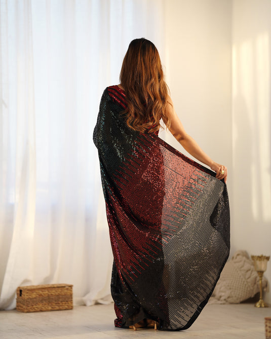 Fancy Black Pink Sequins Embroidered Georgette Festive Wear Saree For Women