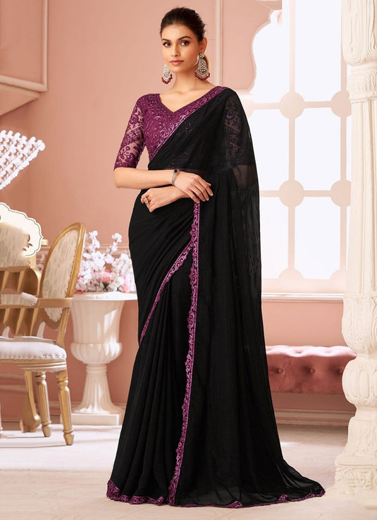 Elegant Purple Satin Shimmer Chiffon Georgette Embroidered Festive Saree For Women