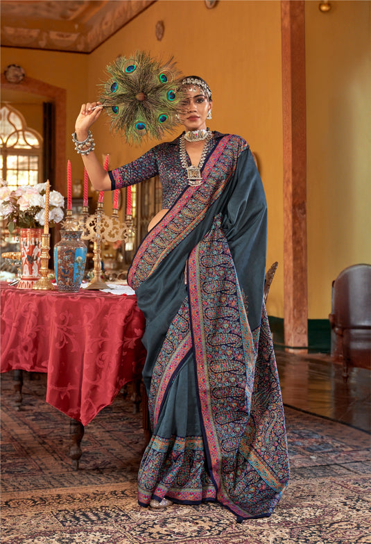 Black Poly Viscose Silk HB Print Festive wear Saree