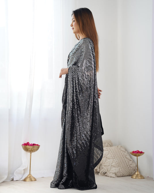 Fancy Black Pink Sequins Embroidered Georgette Festive Wear Saree For Women