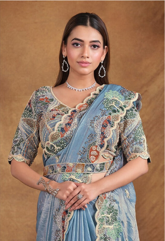 Elegant Blue Hand Embroidery Work Two Tone Satin Organza Silk Festive Saree with Belt