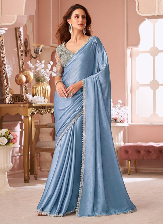 Elegant Purple Satin Shimmer Chiffon Georgette Embroidered Festive Saree For Women