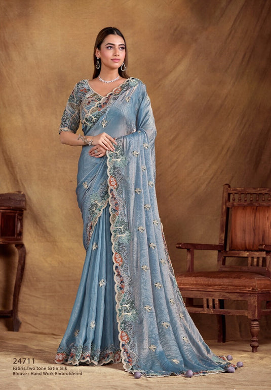 Elegant Blue Hand Embroidery Work Two Tone Satin Organza Silk Festive Saree with Belt