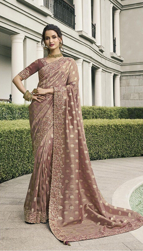 Beige Tissue Silk Stone Pearl Embroidered Mirror Work Festive wear Saree