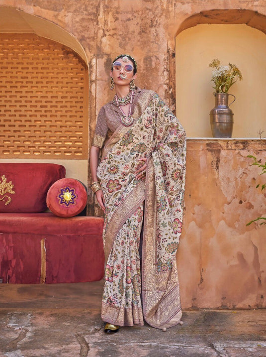 Beige Poly Viscose Silk Floral Print Festive Wear Woven Saree
