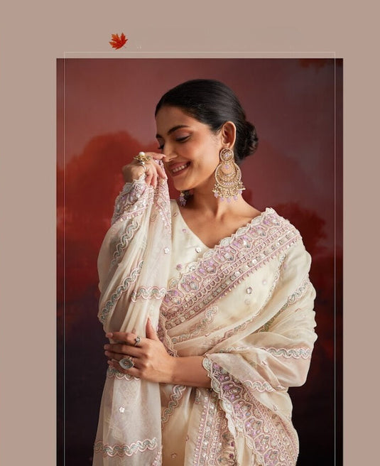 Beige Georgette Thread & Sequins Embroidered Festive Wear Saree with Blouse