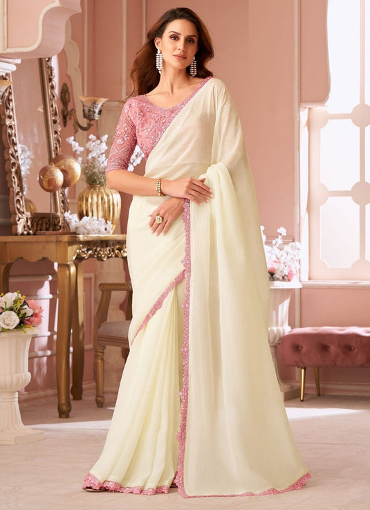 Elegant Purple Satin Shimmer Chiffon Georgette Embroidered Festive Saree For Women