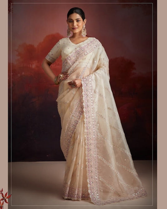 Beige Georgette Thread & Sequins Embroidered Festive Wear Saree with Blouse