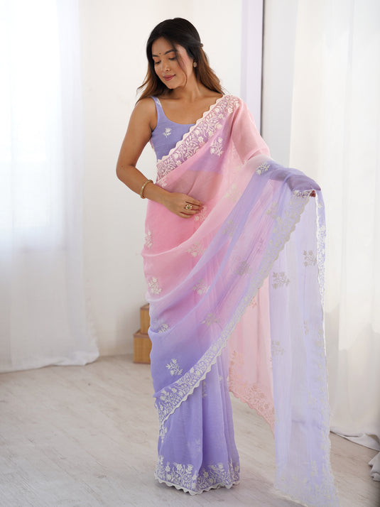 Multicolor Thread Embroidered Shimmer Silk Party Wear Saree For Women