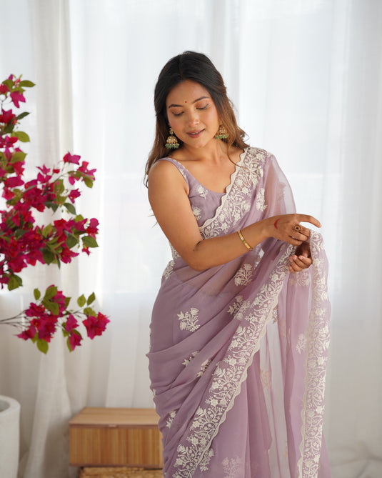 Purple Thread Embroidered Shimmer Silk Party Wear Saree For Women