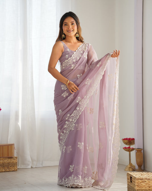 Purple Thread Embroidered Shimmer Silk Party Wear Saree For Women