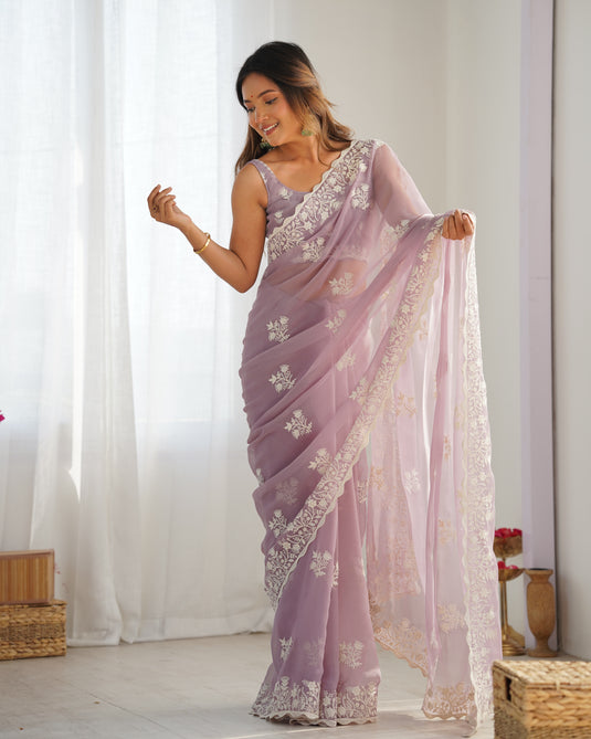 Purple Thread Embroidered Shimmer Silk Party Wear Saree For Women