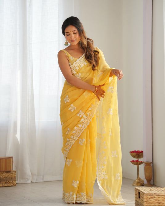 Purple Thread Embroidered Shimmer Silk Party Wear Saree For Women