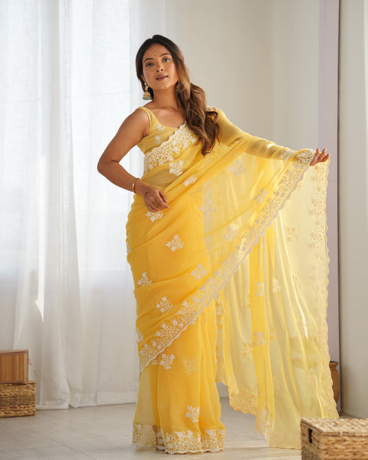 Purple Thread Embroidered Shimmer Silk Party Wear Saree For Women