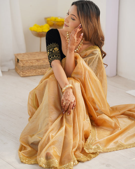 Golden Zari & Sequins Embroidered Twill Net Festive Wear Saree For Women