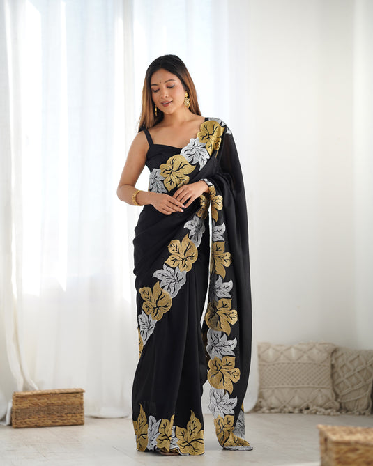 Black Embroidered Vichitra Silk Festive Wear Saree For Women