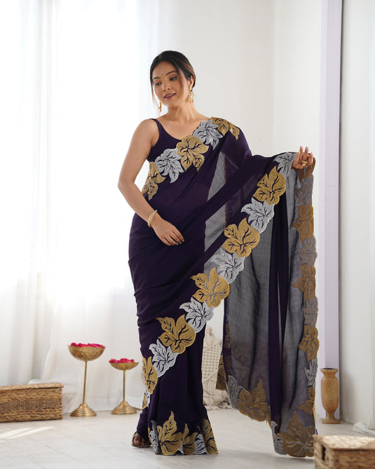 Black Embroidered Vichitra Silk Festive Wear Saree For Women