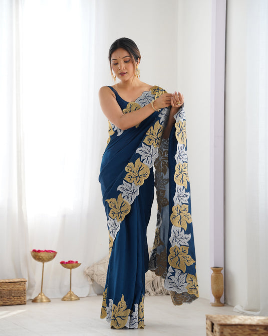 Black Embroidered Vichitra Silk Festive Wear Saree For Women