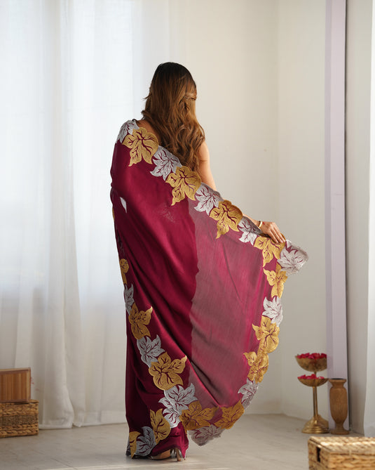 Black Embroidered Vichitra Silk Festive Wear Saree For Women