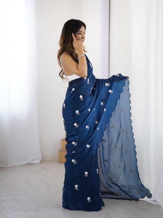 Lavender Sequins Embroidered Fendi Satin Festive Wear Saree For Women