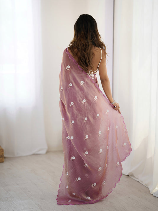 Lavender Sequins Embroidered Fendi Satin Festive Wear Saree For Women