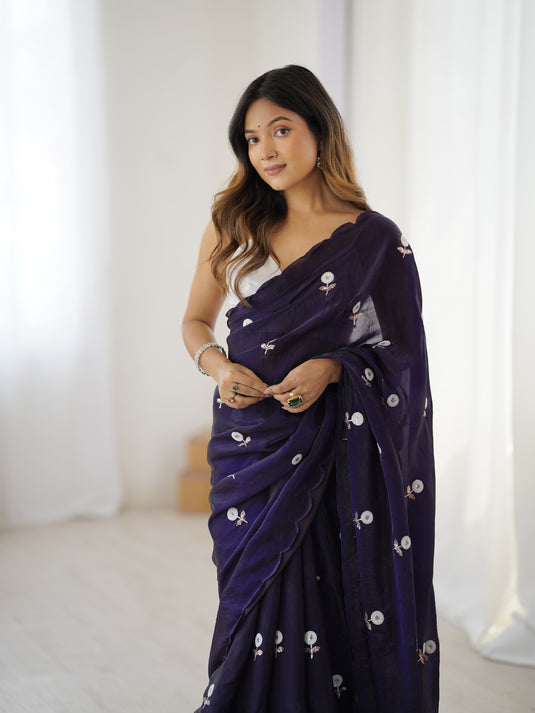 Lavender Sequins Embroidered Fendi Satin Festive Wear Saree For Women