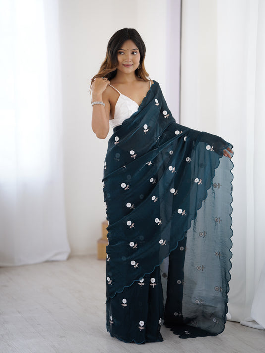 Lavender Sequins Embroidered Fendi Satin Festive Wear Saree For Women