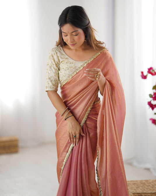 Peach Sequins Embroidered Fendy Satin Party Wear Saree For Women