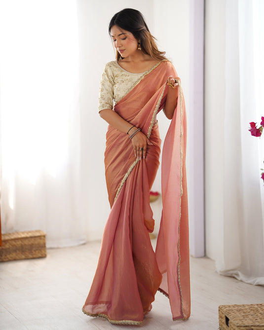 Peach Sequins Embroidered Fendy Satin Party Wear Saree For Women
