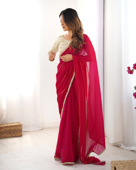 Peach Sequins Embroidered Fendy Satin Party Wear Saree For Women