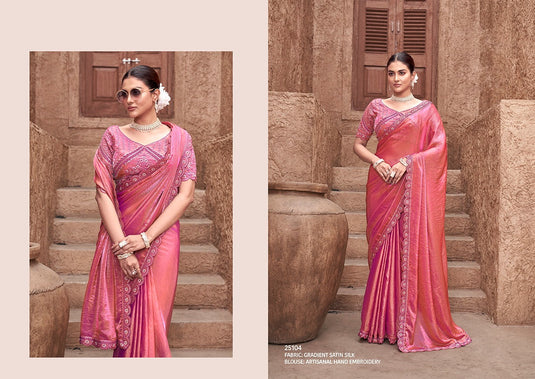 Elegant Mauve Hand Embroidery Work Gradient Satin Silk Festive Saree with Readymade Heavy Blouse