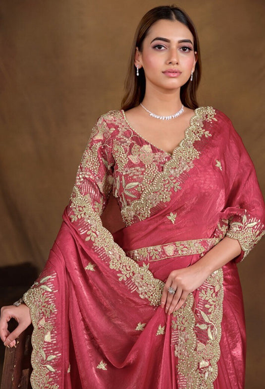 Elegant Blue Hand Embroidery Work Two Tone Satin Organza Silk Festive Saree with Belt