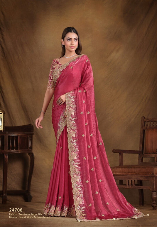 Elegant Blue Hand Embroidery Work Two Tone Satin Organza Silk Festive Saree with Belt