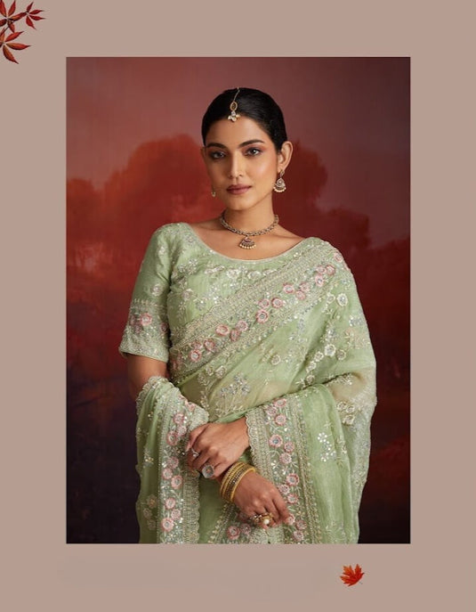 Beige Georgette Thread & Sequins Embroidered Festive Wear Saree with Blouse