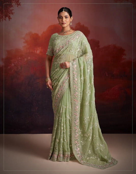 Beige Georgette Thread & Sequins Embroidered Festive Wear Saree with Blouse