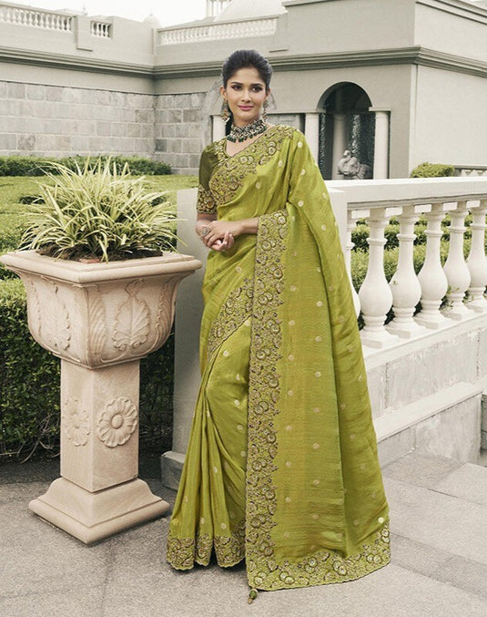 Beige Tissue Silk Stone Pearl Embroidered Mirror Work Festive wear Saree