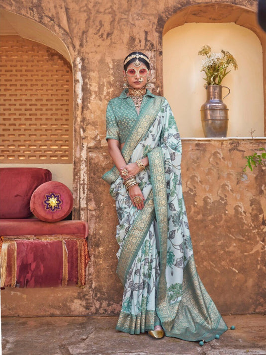 Beige Poly Viscose Silk Floral Print Festive Wear Woven Saree