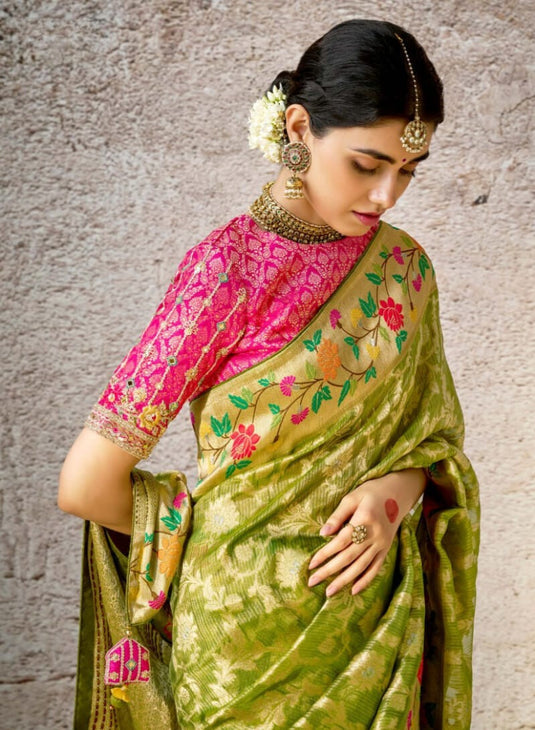 Designer Navy Blue Kora Banarasi Art Silk Festive Wear Saree For Women